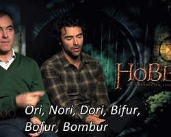 leupagus:Aidan Turner names all the dwarves in The Hobbit in three seconds (x)Ugh he’s all CHALLENGE