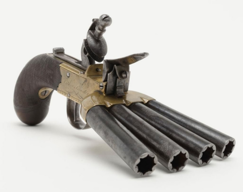An original English flintlock duckfoot pistol, 18th century.  Signed “Tickers-Chester”.S
