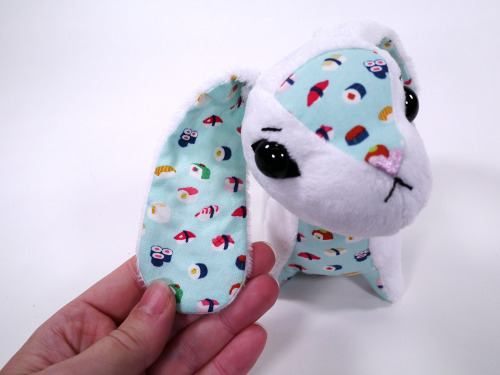 This bunny is literally his favorite sushi!  Handmade plush by me, made with minky, fleece (for the 