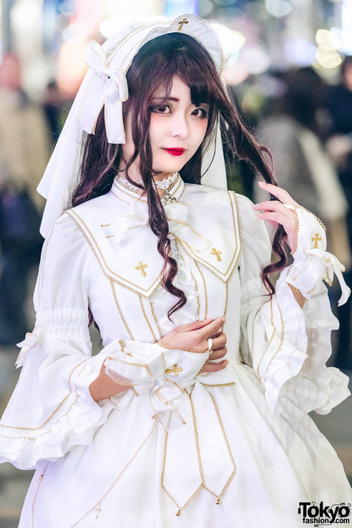 tokyo-fashion: Japanese lolita Sana Seine on the street in Harajuku wearing an all white look featur