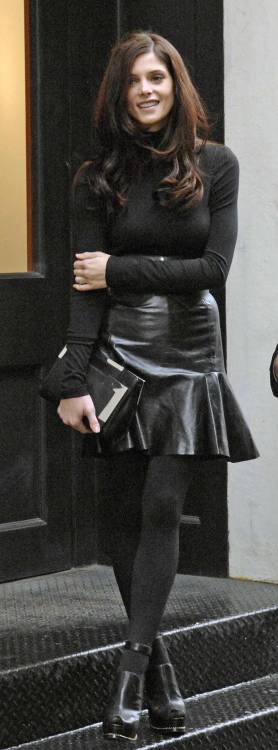 sexyinleather:  Ashley Greene (black top, leather skity, stockings) DKNY Photo Shoot, NYC 4/1/12