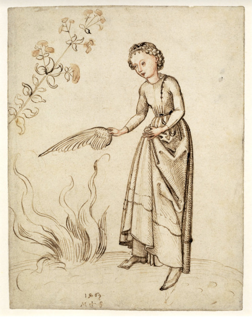 Martin Schongauer, Young Woman Fanning a fire with a bird&rsquo;s wing, 1465-75The meaning of this c