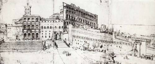 Maerten van Heemskerck, Rome, Old Saint Peter’s Basilica and the Vatican Palace, c. 1535. Brow