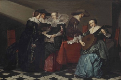 An interior with an elegant company making music and singing Circle of Pieter Jacobs Codde (Dutch, 1