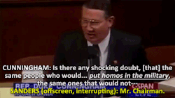 reaperkid:  The year is 1995, congress member Bernie Sanders stands in opposition of a homophobic statement said by Duke Cunningham. Cunningham derisively refers to “homos in the military” to support his argument while (strangely) discussing the