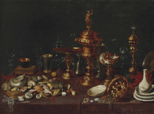 dutch-and-flemish-painters:David Rijckaert II - Still life with shells with a nautilus, vases, glass