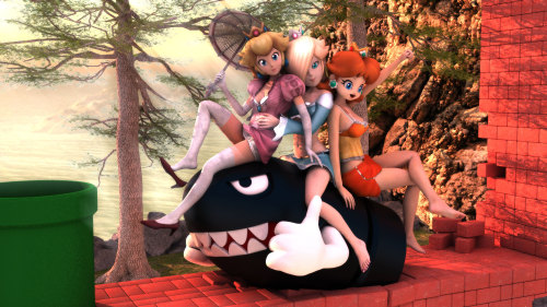 darklordiiid:    Here we have the lovely ladies from the Mushroom Kingdom showing their stuff on top of a (incredibly happy) Banzai Bill. This has to be one of the single most frustrating pictures I’ve ever done. For starters the render for all four