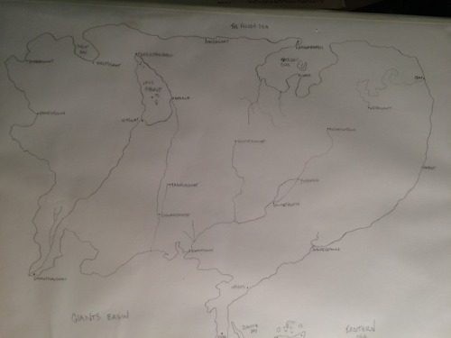 Map of the continent Holingustmaatsenylsovii (anagram of the villain is amongst you) done in pencil 