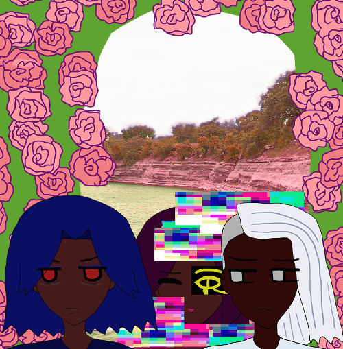 the triplets are in front of bayou basin near short craggy cliffs with green vegetation far-off, all tinged an eerie pink and green color with yellow-green foliage. pink roses fall everywhere behind them with a mimicked light green rose arch similar to armando and ranvir's in their older age rose arch art.