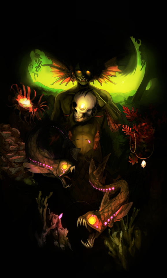A digital painting of an underwater humanoid entity in a cave with fins and a serpentine tail. The entity has green scaly skin and yellow glowing eyes, with large pointed teeth from ear to ear and a fishhook through his nose imitating a septum piercing. There are large, pink fins emerging from the sides of his head, the undersides of his arms, and on the sides of his torso. The fins on his head are pierced. He has pink top surgery scars. In his hands, he is holding a skull as if brandishing a trophy. It has a golden gem embedded in its eye socket. Behind him, he is framed by an opening in the cave that leads to light green tinted water. He is surrounded by pink and red coral and anemones, one of which has a necklace with a gem dangling of it, as well as two viperfish with glowing yellow eyes and bioluminescent glowing pink spots. He is looking into the camera with a stoic expression.