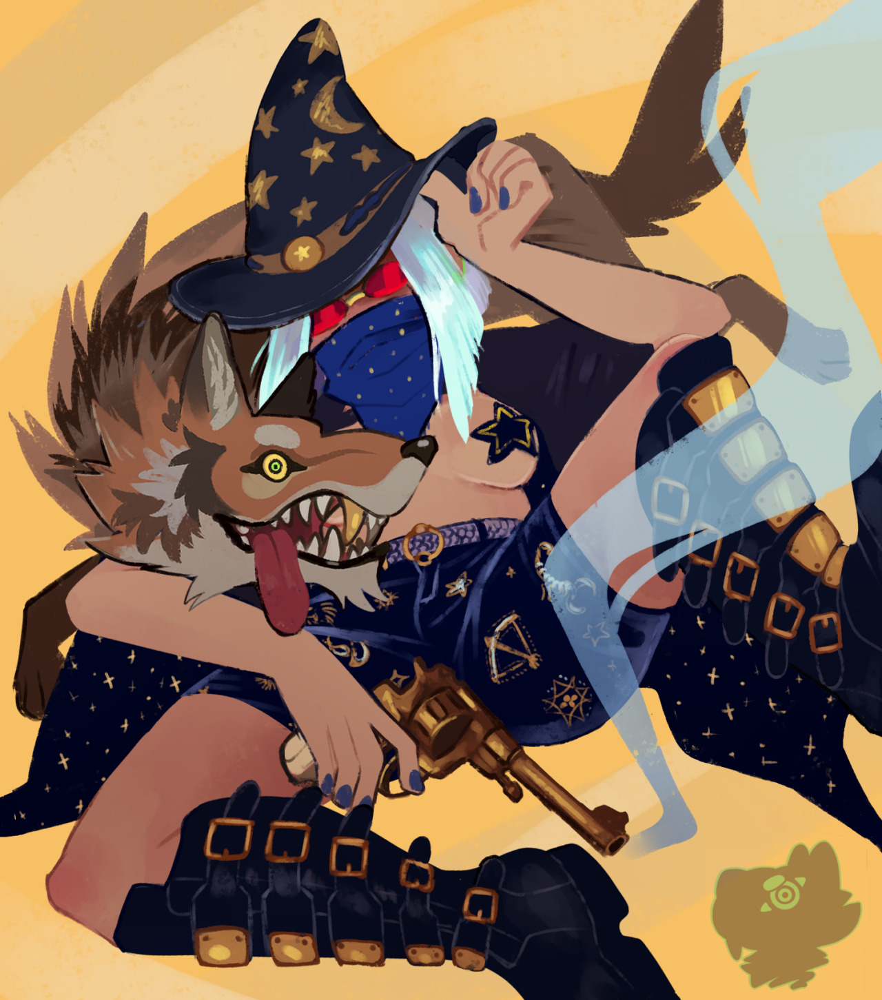 bouncersartgalore:witch-without-gender:trickstertime:wizardsisananimal:genderwizard:wizard hat cowboy brimWitch o’ the Wild Westwith a coyote familiar!