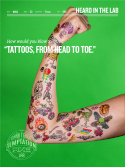 axetemptation:  How would you blow ŭ,000? “Tattoos, from head to toe.” – Male, 22, Texas  Notes: The oldest evidence of tattooing still in existence dates back to 6000 BC on a South American mummy The American Academy of Dermatology distinguishes