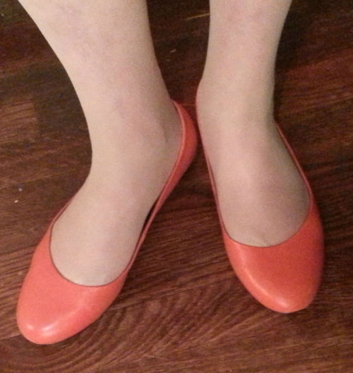 Coral Liz Claiborne flats and Nude Sheer-To-The-Waist pantyhose. 