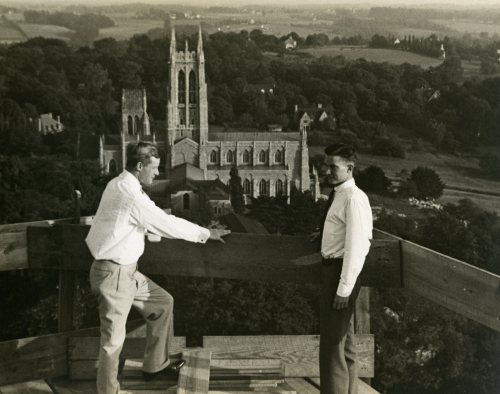 Raymond Pitcairn and son Nathan on Glencairn’s tower (still under construction), circa 1935.