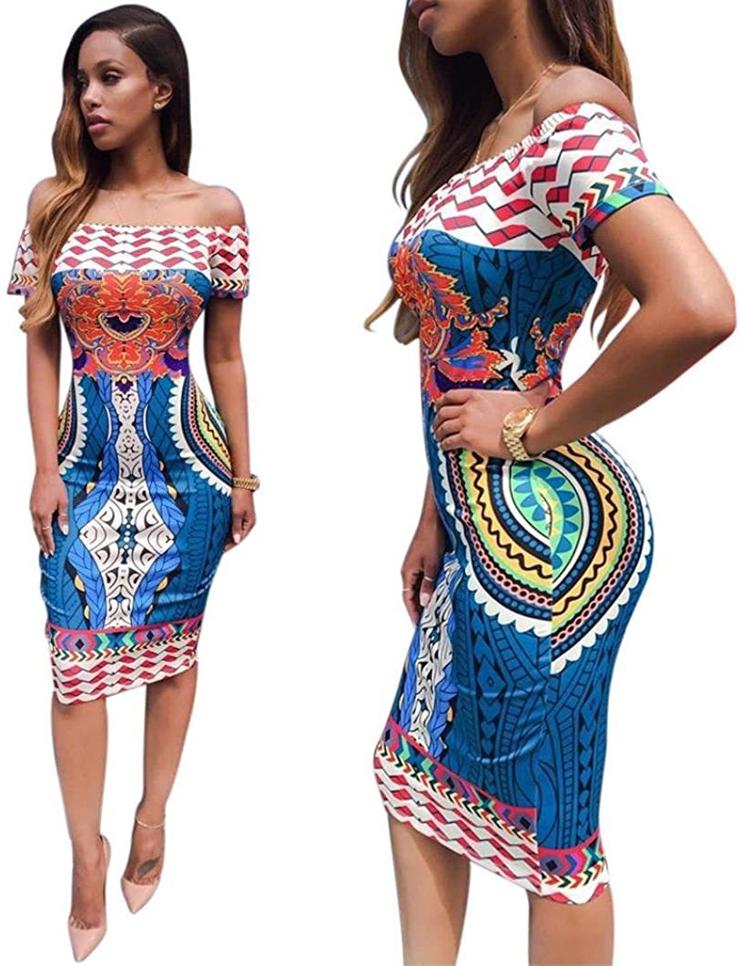 BEAUTYVAN Women African Bodycon Dresses Bohemian Traditional Ethnic Print Club Midi Dress Casual Party Dresses 