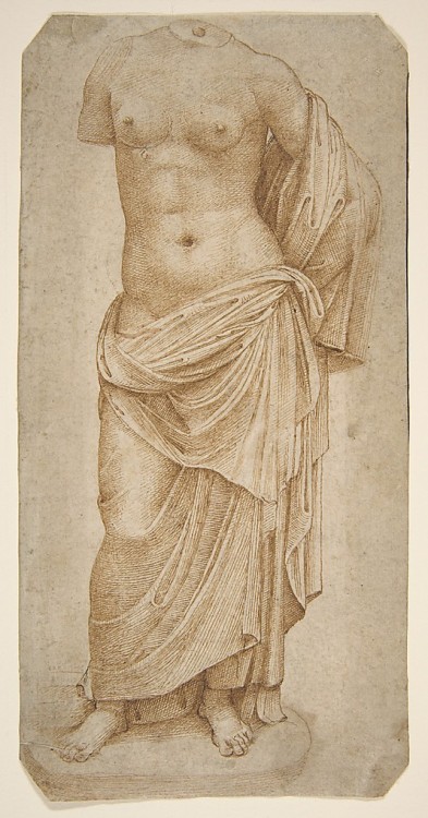 hismarmorealcalm:Marcantonio Raimondi  (ca. 1480–before 1534) Study of an Antique Statue  Pen and br