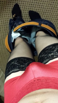 Ilovenylonstuff:  Red Satin Lace Panties, Thigh High Stockings, And Knee High Socks