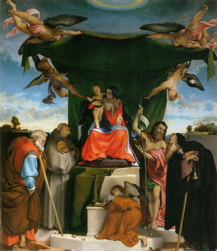 lorenzo-lotto: Enthroned Madonna with Angels and Saints, St. Joseph and St. Bernard on the left, St.