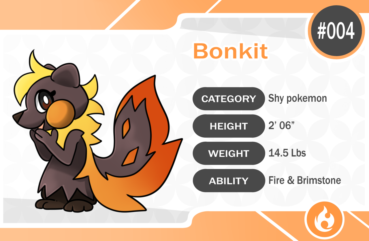 Bonkit| Fire Type 
The Shy pokemonBonkit are shy in nature, self conscious, they only produce a foul odor if they found themselves in danger.Signature Ability |  Fire and Brimstone  
Fire and Poison moves always have a chance to afflict the burn or poison condition respectively.

HP    TBA  
ATT   TBA   
DEF   TBA     
SpA    TBA    
SpD   TBA  
Spd   TBA  

TOTAL: 314 #my art#Ohayo region#Bonkit#dex entry#fakemon