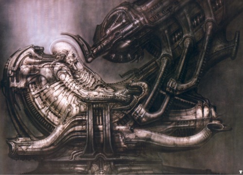 Pilot And Derelict Ship Concept Art By H. R. Giger For ALIEN (1979).