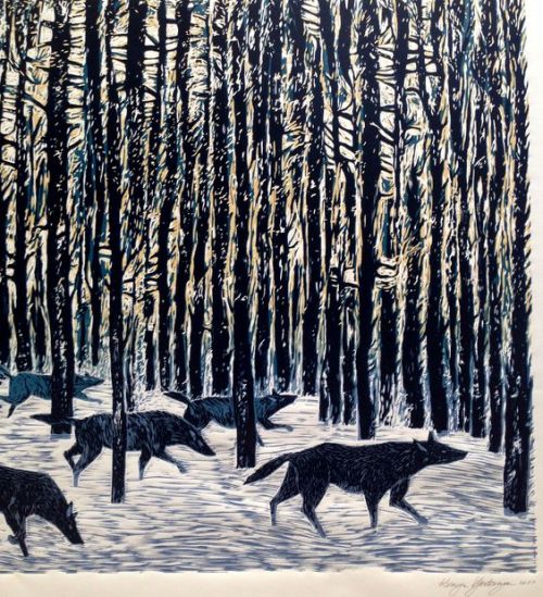 thewoodbetween - The Wild Herd - Ksenia Vysotskaya. linocut.