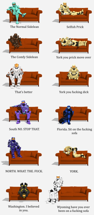 mercenaryscum:(original meme//models//couch//sitting poses)so. the freelancers got a new couch,