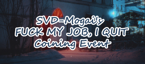 An image of the side entrance of an Eastern European block style apartment with a blue filter over it. The entryway is lit with a red light. It is snowy outside. Over the image in a blue cursive font outlined in white are layered the words "SVD-Mogai's fuck my job I quit coining event." 