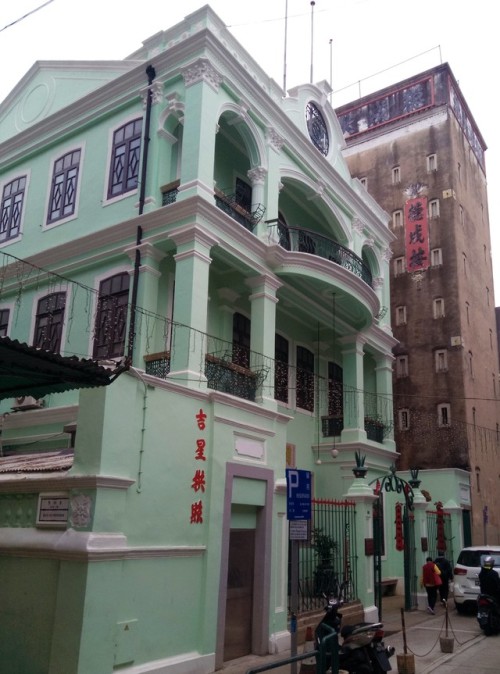 Blue-green buildings in Macau