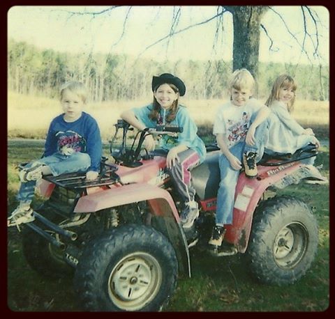 Back in the day… Whoo! My sister and cousins on Grama and Grandaddy’s four wheeler. I’m just noticing that I was the only brunette back then 😅 (please don’t mind the hat…lol) #tbt #tbthursday