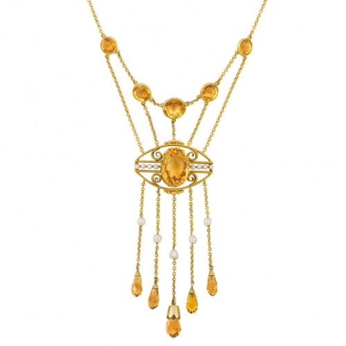 Edwardian citrine, pearl, and gold fringe necklace, c. 1900 (at Doyle)