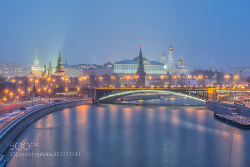 Russia, night view of the Moskva River, Bridge and the Kremlin by artfotoss