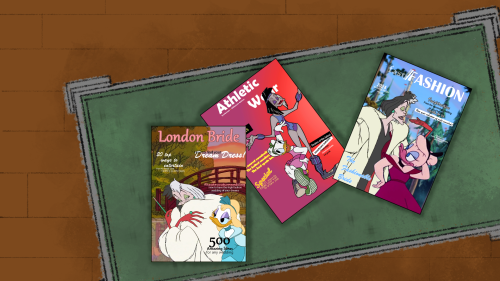 A digitally composited image of Cruella de Vil and Daisy Duck, created using Disney screencaps. There is a table with three magazines. The magazine furthest right is called 'London Bride'. Cruella is hugging her coat to herself, glancing at Daisy. Daisy has blond hair, and a blue dress, and is leaning towards Cruella, smiling. The magazine in the center is called 'Athletic Wear'. Both Cruella and Daisy are in workout clothes and are posing, ready to workout. The magazine on the left is called 'fast/FASHION' and has Cruella, smiling and gesturing to herself while Daisy poses with one hand on her head and one on her hip, in a pink dress.