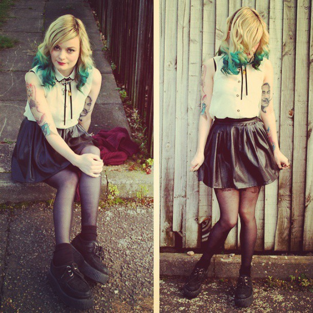 scuzzsuicide:  #love this #gorgeous #style #black #wetlookskirt #tights #creepers