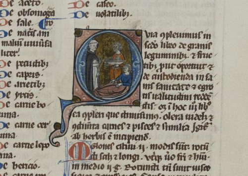 Inhabited initial, Initial Q, Dominican doctor, servant, and patient, f. 65r, LJS 24 Medical miscell