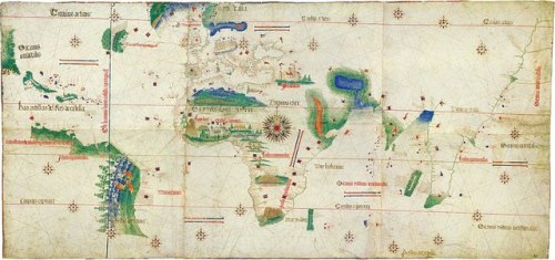 worldhistoryfacts:The 1502 Cantino Planisphere, a secret map made by unknown Portuguese cartographer