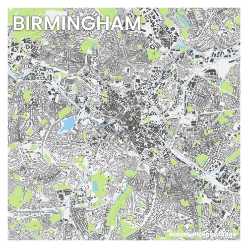 10km x 10km British city squares displaying the urban fabric, including parks and water.Details and 