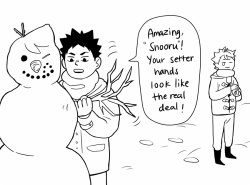 flunflun:  Iwaoi Christmas week day 1: snowball fights / snowmen “Snooru” is supposed to be a mixture of snow (man) + Tooru lmao… Also didn’t have time to colour this but I’ll try and fix that before Christmas maybe ;u; 