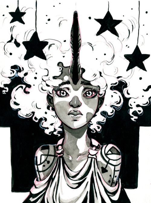 Inktober 7 - Enchanted - Seer - Deleter black and white ink, paintshopAre people tired of unicorns y