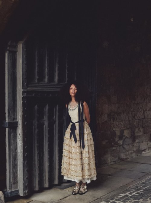 Kukua Williams wearing Simone Rocha Autumn-Winter 2018, photographed by Richard Phibbs for Harper’s 