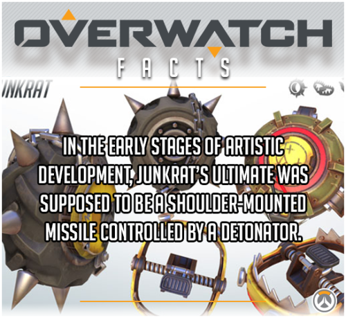 overwatchfacts:  “In the early stages of artistic development, Junkrat’s ultimate was supposed to be a shoulder-mounted missile controlled by a detonator.”