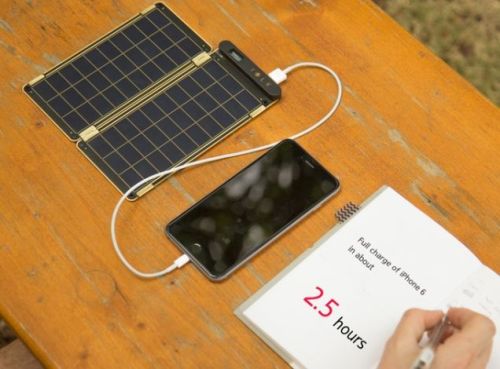 unconsumption:  A Paper-Thin Solar Panel Can Charge Your Phone on the GoSolar Paper: 7.5 inches long, 3.5 wide, and .15 thin. There’s a .45-inch thick USB charging port at the top, which sticks out of your book like a bookmark that sucks in that precious