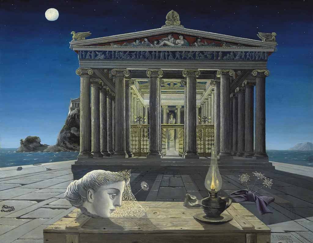 the-cinder-fields:Paul Delvaux, Le temple, 1949