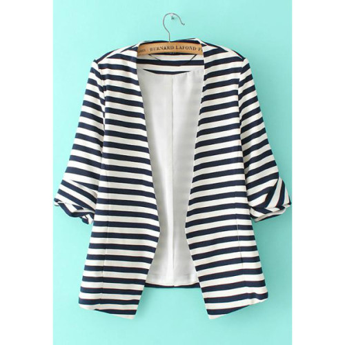 SheIn(sheinside) Striped Rolled Sleeve Open Front Blazer ❤ liked on Polyvore (see more collar jacket