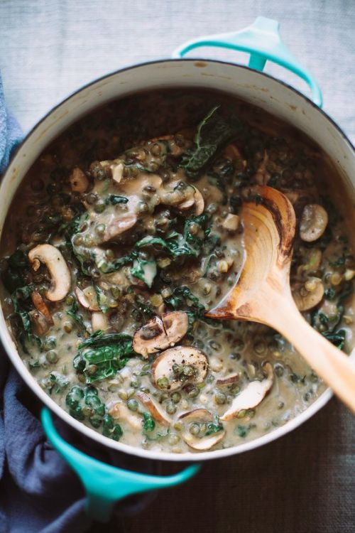 happy-tofu:CREAMY FRENCH LENTILS WITH MUSHROOMS AND KALE