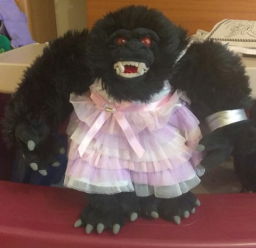 iwritemonsters: My daughter put her Build-A-Bear’s dress on her plush King Kong. He is truly t