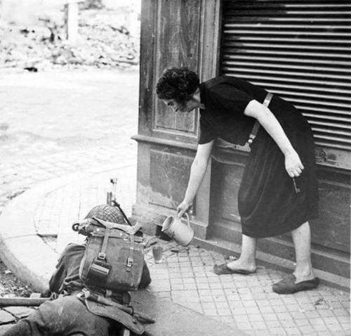 greasegunburgers:French women pours a hot cup of tea for a British soldier fighting in Normandy, 194