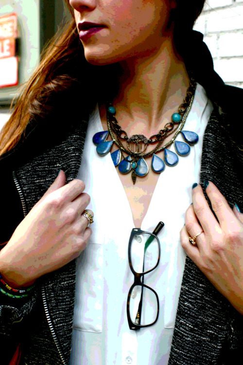 Detail shot NYC Street Style Necklaces by Lucky Brand  Glasses by Dior  Rings are vintage 