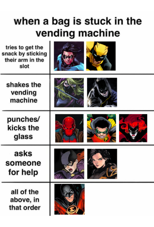 buckybqrnes: batfamily + when a bag is stuck in a vending machine alignment