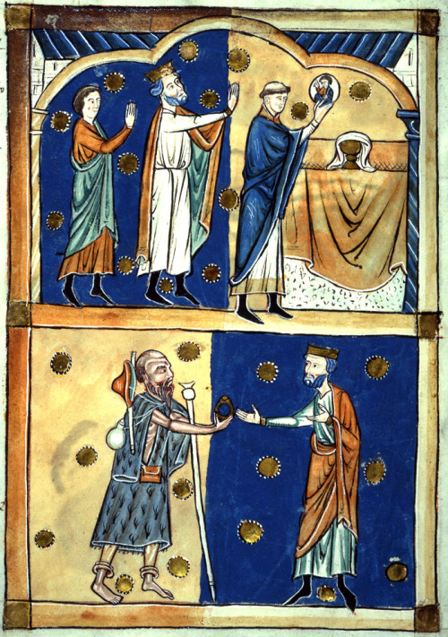 Scenes of miracles, from a 13th century abridgment (abbreviatio) of the Domesday Book.  Above: King 