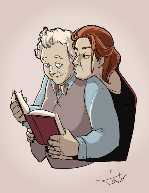 wheeloffortune-design:#ArtForKoalas – Someone requested Crowley hugging Aziraphale from behind.